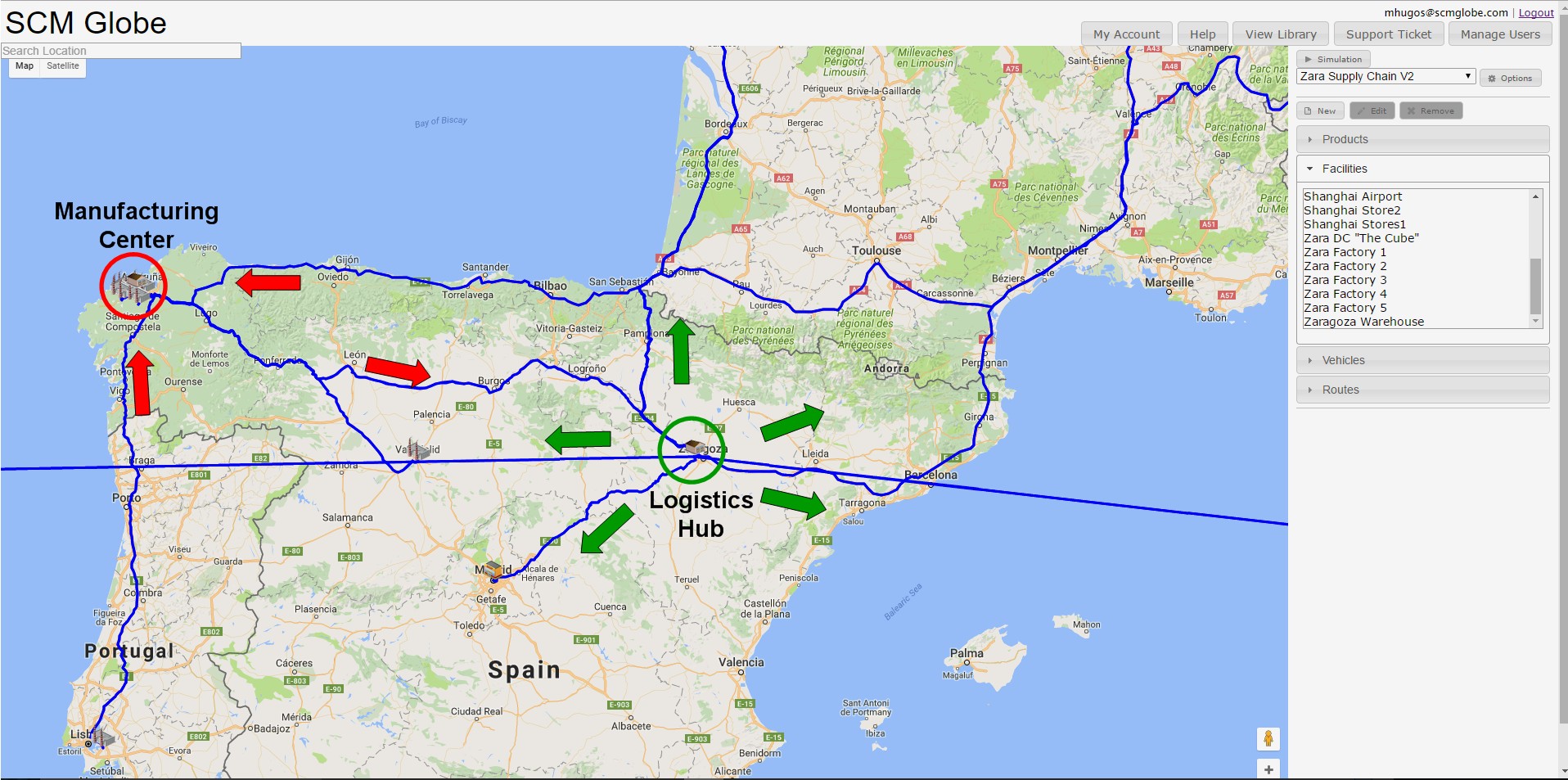 A screenshot of the Zara company in northwestern Spain with green arrows and a red arrow