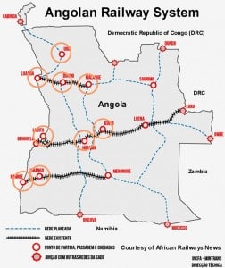 A map of the Angola railway course highlighted in red.