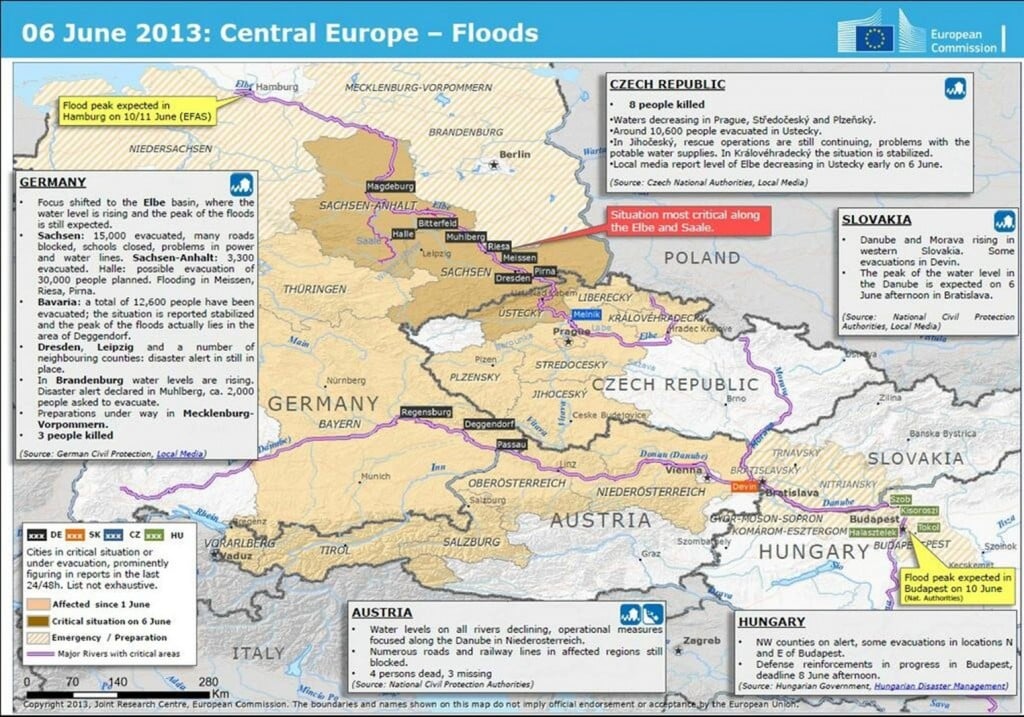 A computer generated map showing the flood sites in Europe for June 2013 with descriptions of the damages.