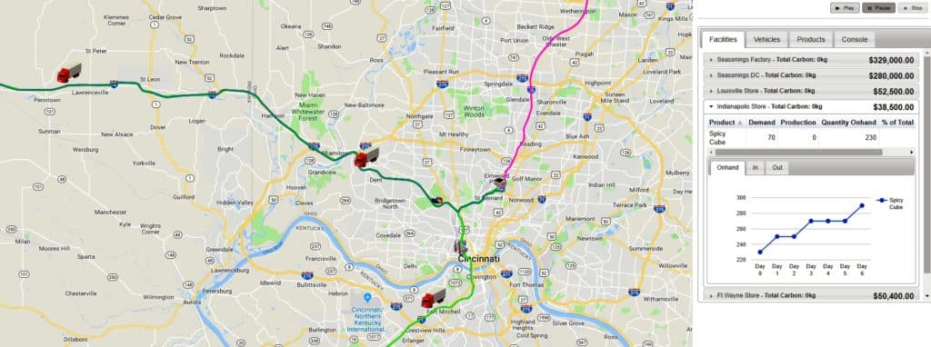 Picture of a map from the SCM Globe app showing the suppply chain route from Cincinnati to Louisville.